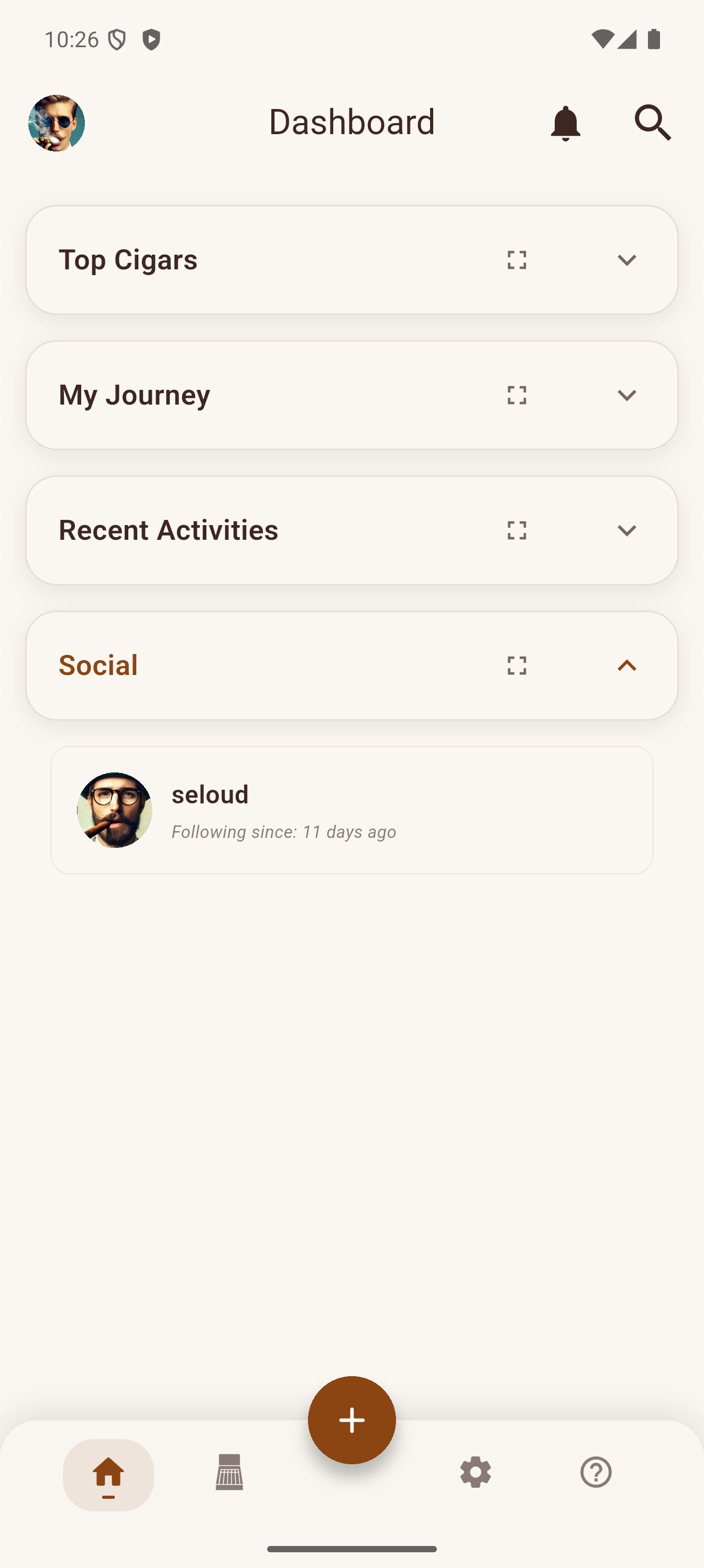 Dashboard Social section showing followed users and recent activities